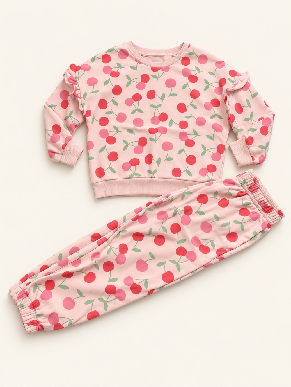 Girls Pink Cherry-Print Pajama Set with Ruffle Details
